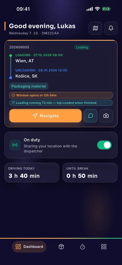 AESA Drive app — a driver's current transport with demo data