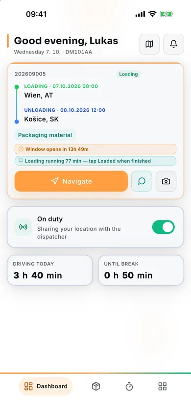 AESA Drive app — a driver's current transport with demo data
