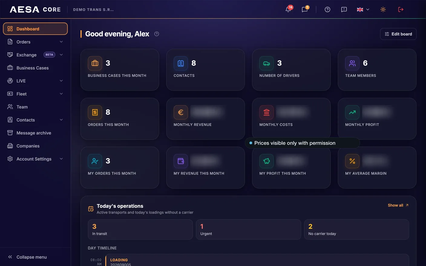 AESA Core TMS — Dashboard of a demo company