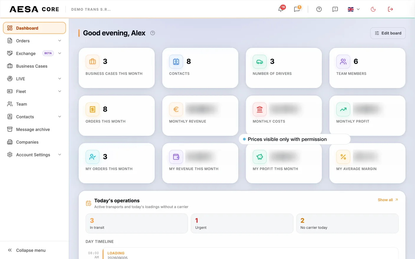 AESA Core TMS — Dashboard of a demo company