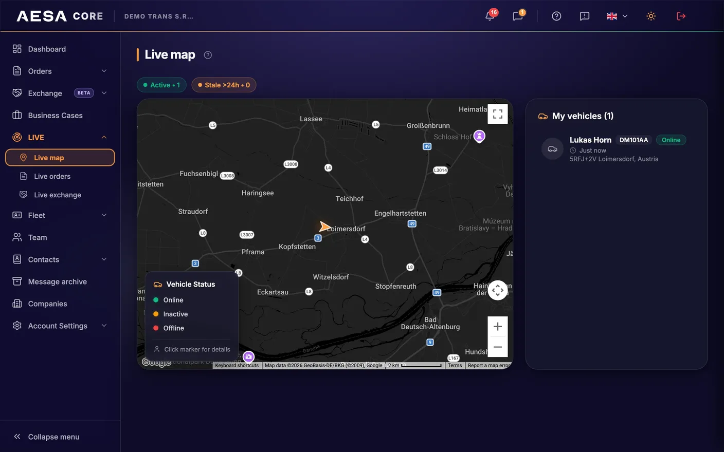 AESA Core TMS — Live map of a demo company