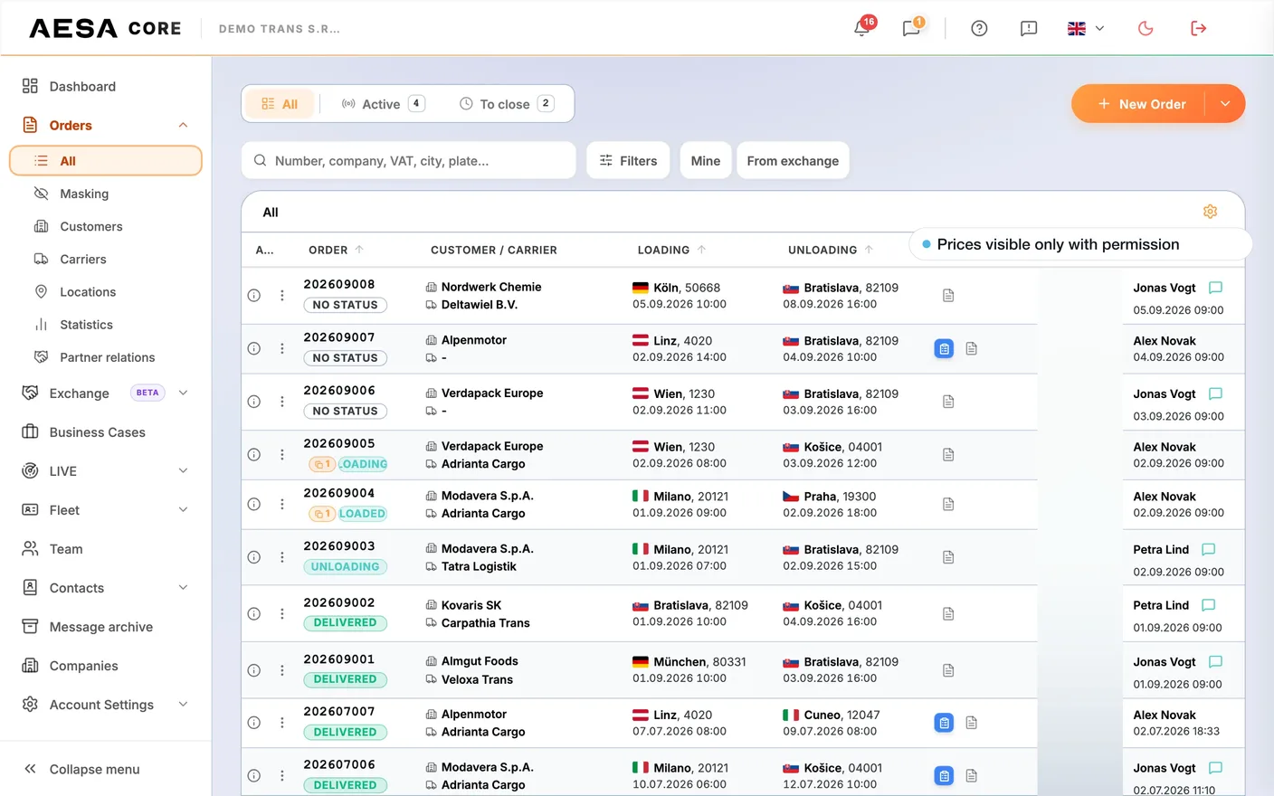 AESA Core TMS — Orders of a demo company