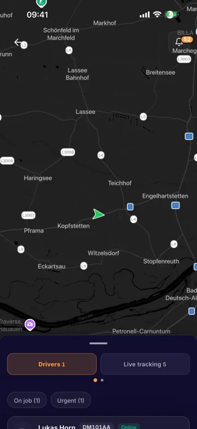 AESA Transport app — live map of a demo company's fleet