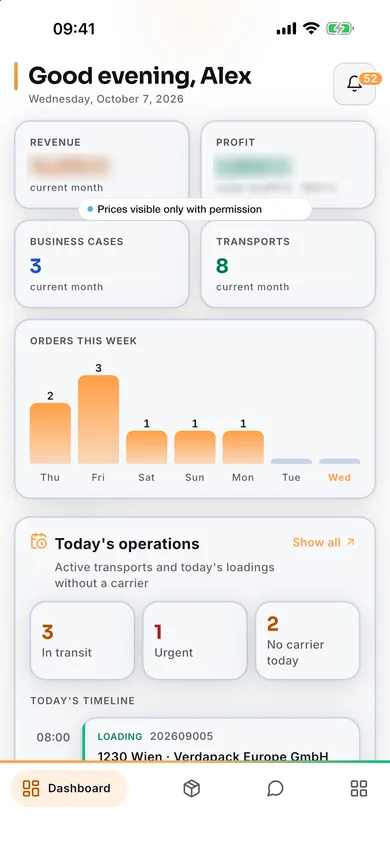 AESA Transport app — dashboard of a demo company